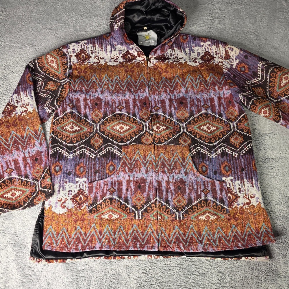 Sunshine Joy Mens 48 Tapestry Hoodie Jacket Multicolor Southwestern Zip Up Boho